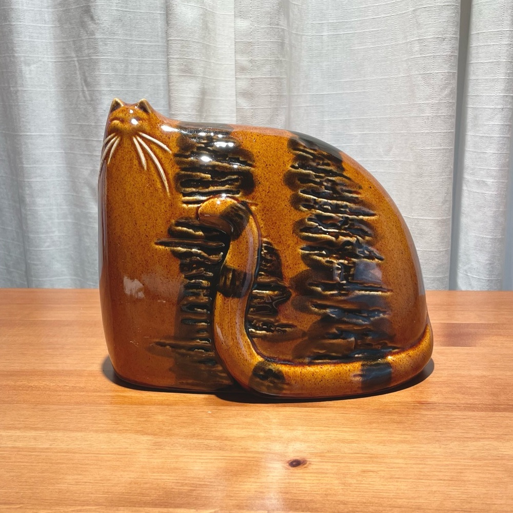 VTG 70's Mid-Century English Ceramic Big Cat Small Head Brutalist Orange Pottery